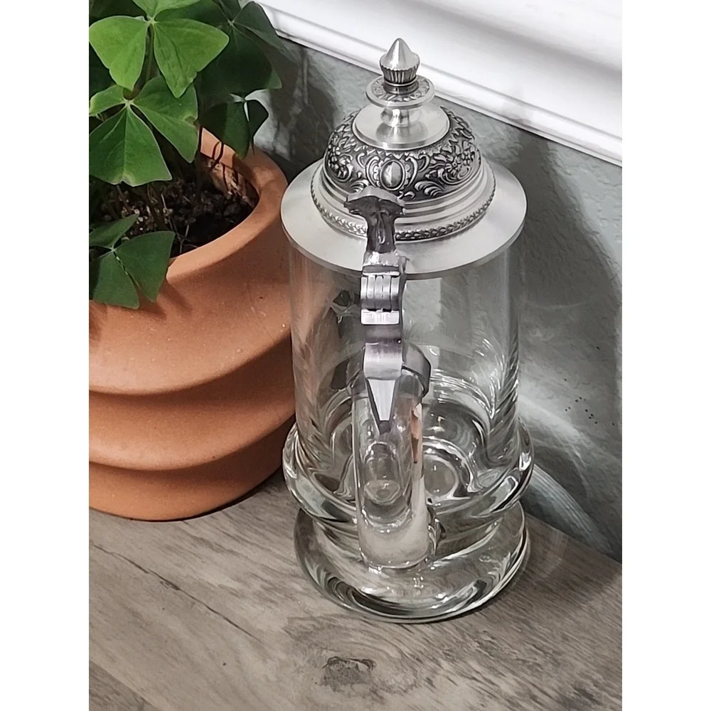 Vtg  Etched Crystal German Beer Mug Tankard Stein Glass Pheasant Pewter Lid 6.5